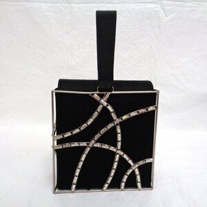 Daniel Swarovski Paris Cage Evening Bag Black Satin and Baguette Rhinestones